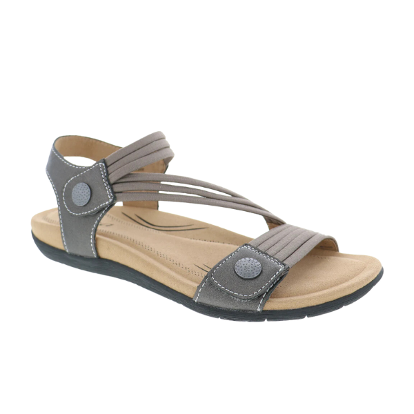 The BIZA FOOTWEAR Luna Pewter sandal features adjustable Velcro straps, a cushioned tan insole, black sole, and decorative stitching—perfect for comfortable, casual wear.