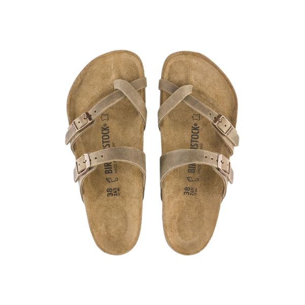Pair of beige Birkenstock sandals on a white background
