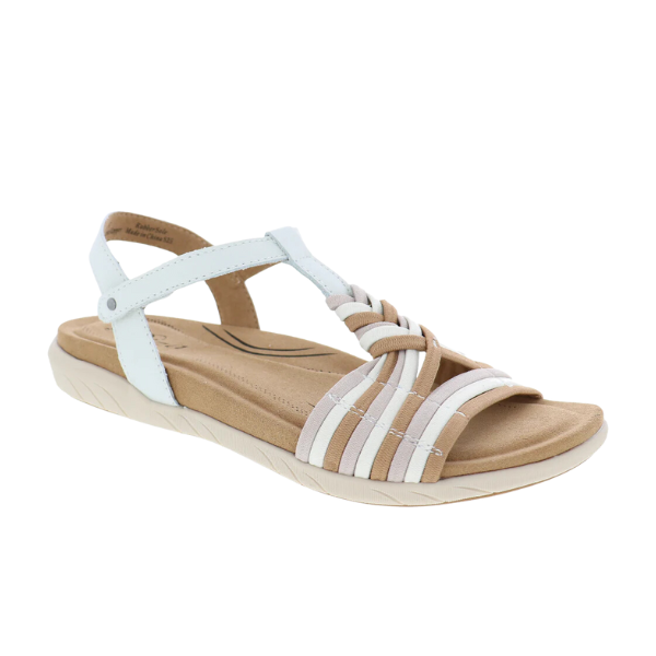 The Biza Womens Kate White Multi sandal by BIZA FOOTWEAR features a cushioned memory foam footbed, beige and white braided crisscross straps, and an ankle strap with a side buckle for comfort and style.