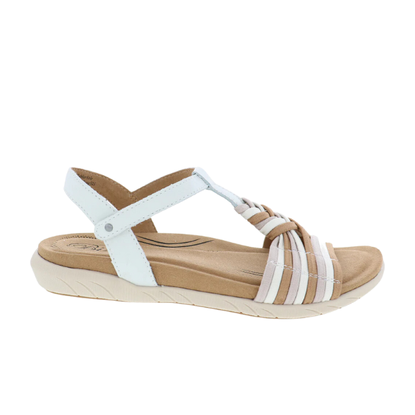 The Biza Womens Kate White Multi by BIZA FOOTWEAR is a comfort sandal with a cushioned tan sole, light beige memory foam footbed, crisscrossing white and beige straps, closed heel strap with buckle, and a supportive textured sole.