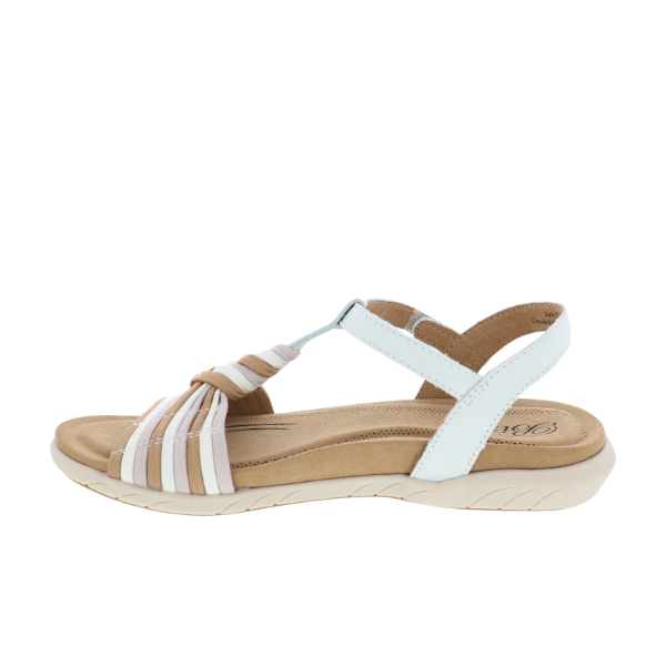 The Biza Womens Kate White Multi by BIZA FOOTWEAR is a comfort sandal with a tan sole, white ankle strap, and multicolored front straps in white, beige, and light pink. It features an open toe, slight wedge heel, and memory foam footbed for cushioning.