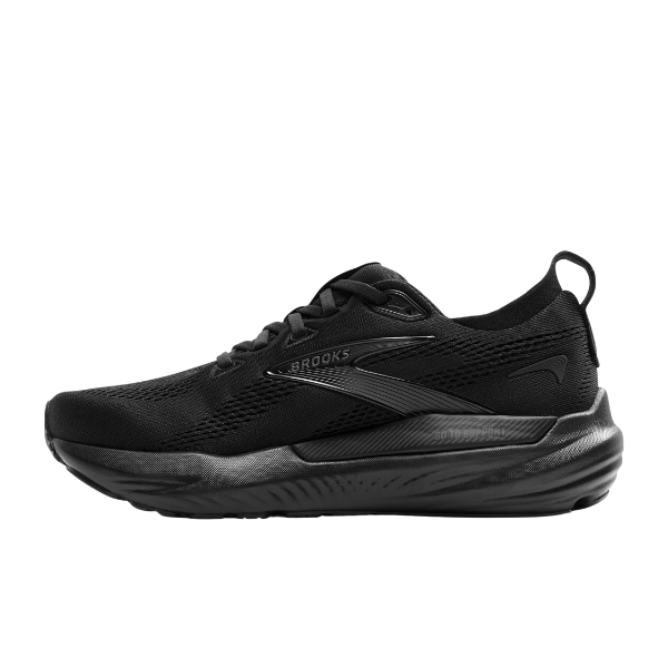 The Brooks Womens Glycerin GTS 22 Black is a streamlined black athletic running shoe with a mesh upper, lace-up closure, thick nitrogen-infused cushioning, and a subtle Brooks logo on the side.