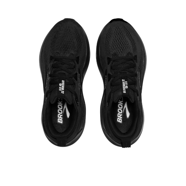 Top view of Brooks Womens Glycerin GTS 22 Black running shoes with white BROOKS logos on the insoles, plush cushioning for comfort, placed side by side on a white background.