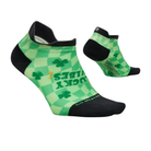 Green and black patterned socks with shamrock design on a white background