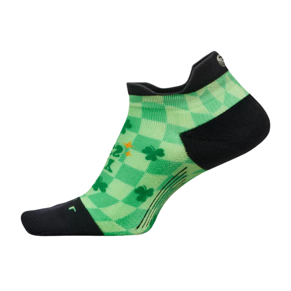 The FEETURES Elite Light Cushion Tab - Lucky Vibes is a green plaid ankle sock with shamrocks and added compression.