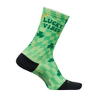 Green sock with black accents and 'Lucky Vibes' text on a white background