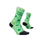 FEETURES Elite Light Cushion Mini Crew "Lucky Vibes" socks: green checkered, shamrocks, black toes/heels.