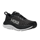The HOKA Womens Gaviota 5 (Medium) in Black/White features a thick cushioned sole, stabilizing H-Frame for foot pain relief, white accents, black laces, and the HOKA logo on the side. The shoe is shown angled to display its side and front.