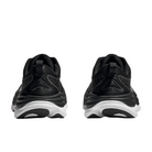Back view of the HOKA Womens Gaviota 5 (Medium) Black/White sneakers, side by side on a white background, featuring the brand’s stabilizing H-Frame design for enhanced support and foot pain relief.