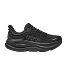 The HOKA Womens Bondi 9 Wide Black features a plush cushioned sole, mesh upper, and the signature HOKA logo. This sleek running shoe offers foot pain relief and black laces for an athletic look.
