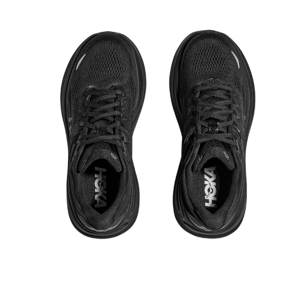 A pair of HOKA Womens Bondi 9 Wide Black running shoes is shown from above, highlighting the laces, mesh upper, plush cushioning, and branded insoles—features designed for foot pain relief—on a white background.