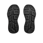 A pair of HOKA Womens Bondi 9 Wide Black shoe soles featuring a geometric tread pattern for plush cushioning and foot pain relief, displayed side by side on a white background.
