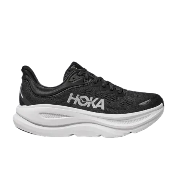 The HOKA Womens Bondi 9 Black/White is an ultra-cushioned running shoe with a thick white sole and black upper, designed to offer foot pain relief and featuring the signature HOKA logo on the side.