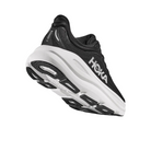 The Hoka Womens Bondi 9 Black/White running shoe features a thick cushioned sole for foot pain relief and displays the bold HOKA logo on the side, shown here from the back and side against a white background.