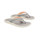 Pair of gray flip-flops with pink straps on a white background