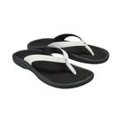OLUKAI Women’s Ohana Lahi sandals in White Sand/Black with fabric straps and contoured footbeds on white background.