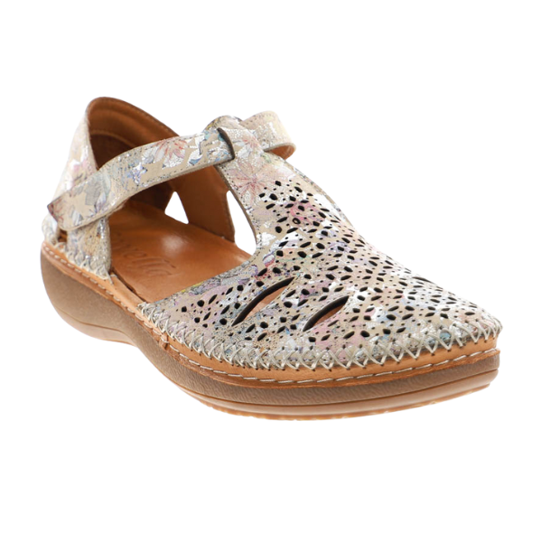 The SOVELLA Womens Sabrina Multi is a single Mary Jane shoe with a tan, shock-absorbing sole, floral pattern, decorative cutouts, hook-and-loop strap, visible stitching, and a cushioned insole for comfort.