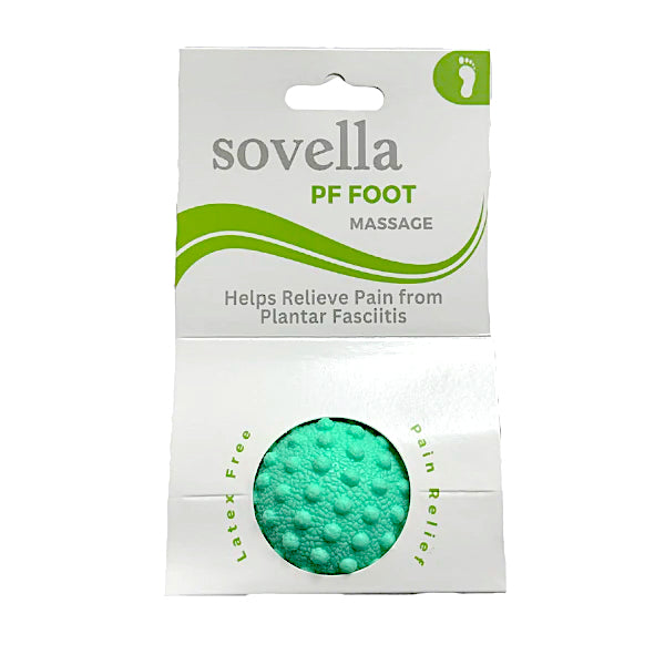 The Sovella PF FOOT Massage BALL by SOVELLA features a green textured, latex-free ball that helps relieve foot pain from plantar fasciitis and targets acupressure points for effective relief.