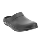 The Sovella Mens Clog Black by SOVELLA features a closed toe, open back, easy slip-on style, slightly raised heel, and subtle branding on the sole.