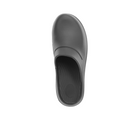 A Sovella Mens Clog Black by SOVELLA is shown from above, highlighting its slip-on style, rounded toe, arch support, and textured insole, all set against a white background.