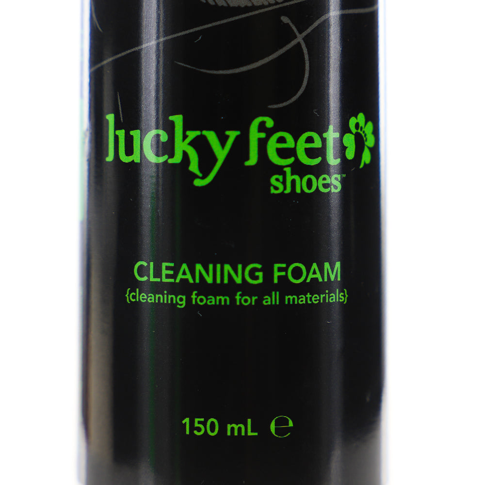 A 150 mL bottle of LUCKY FEET SHOE Cleaning Foam, safe for all materials.