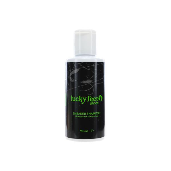 A 90mL LUCKY FEET SHOE Lfsss02 Sneaker Shampoo with concentrated formula and green text on a black label.