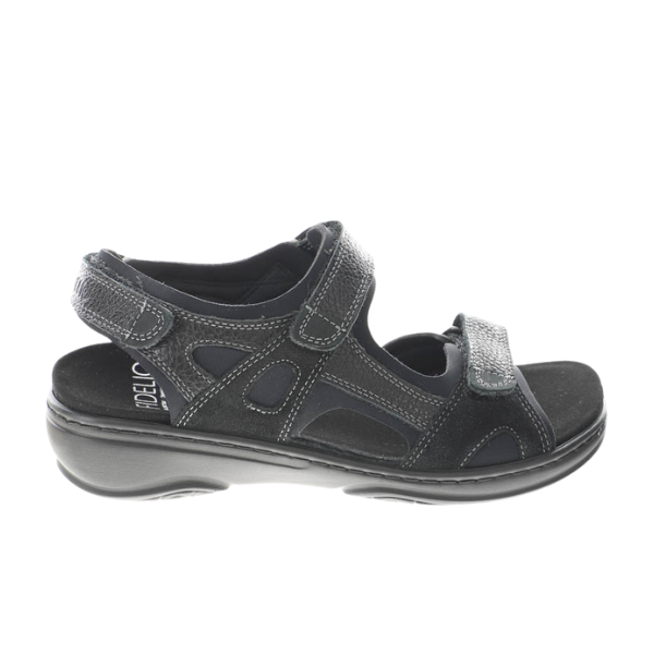The FIDELIO Womens Liberty Black sandal features open toes, adjustable Velcro straps, a cushioned insole, and a supportive sole—perfect for casual wear and providing comfort for bunions or plantar fasciitis.