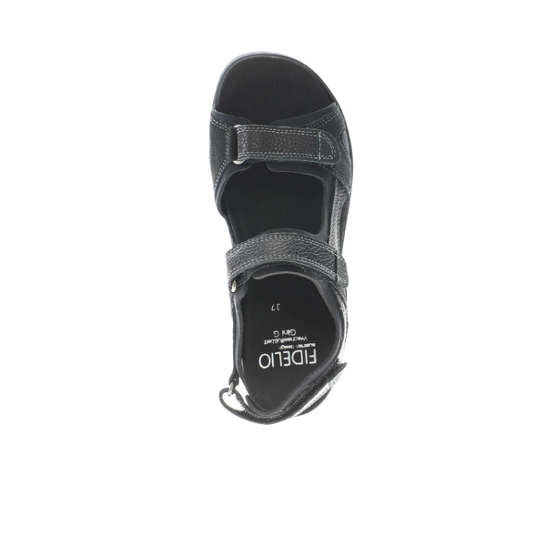 A top view of the Fidelio Womens Liberty Black sandal shows adjustable straps and the FIDELIO logo on the insole, set against a white background—designed for comfort and ideal for those with bunions.