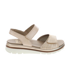 FIDELIO Womens Trinity Cream features a thick white sole, open toe and heel, two adjustable Velcro straps, and a subtle metallic finish—an ideal leather ankle strap sandal for both style and foot pain relief.