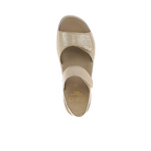 The FIDELIO Womens Trinity Cream is a beige open-toe sandal featuring two ankle straps—one textured, one smooth—a low heel, and foot pain relief. Seen from above on a white background.