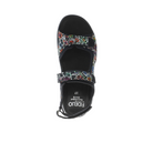 Top view of the FIDELIO Womens Liberty Multi sandal in size 37, featuring black with colorful polka dots, ankle strap, Velcro closure, and removable soft cork footbed for pain relief. Insole branded FIDELIO.