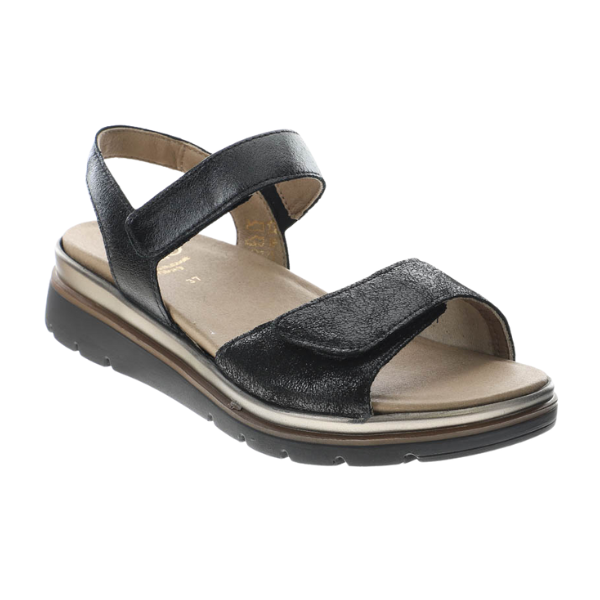 The Fidelio Womens Trinity Black by FIDELIO features a cushioned sole, adjustable Velcro straps, and an open-toe design—stylish leather sandals for women needing comfort and support for bunions.