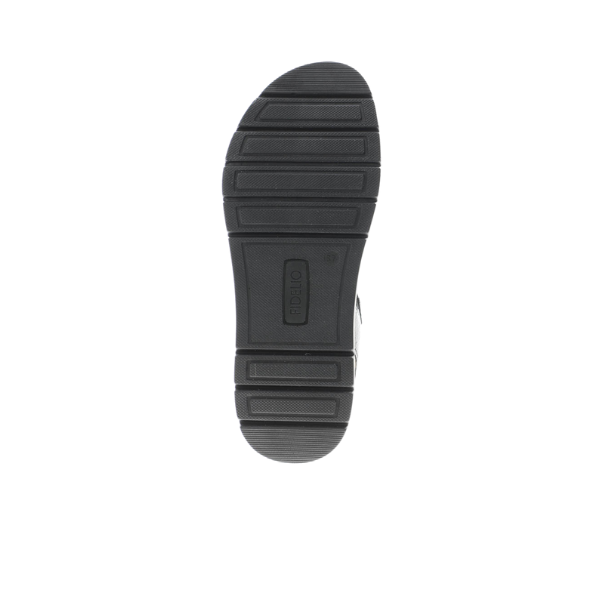 FIDELIO Womens Trinity Black sandal sole, shown from the bottom on a white background, features horizontal grooves and a textured tread. Ottavia is embossed in a rectangle near the center, making it ideal for Fidelio Trinity sandals.