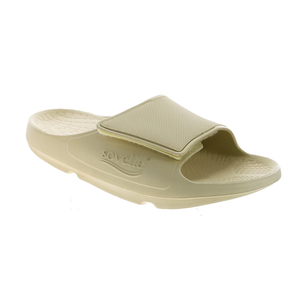 SOVELLA Sovella Active Recovery Men’s PF Velcro Slide Bone, arch support, textured footbed, side view. Lucky Feet Shoes