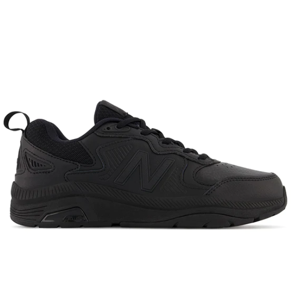 The New Balance Mens MX857 V3 Wide Black sneaker features ROLLBAR tech, a chunky sole, mesh and synthetic upper, lace-up closure, heel pull tab, and subtle N logo—perfect as running shoes for foot pain. Brand: NEW BALANCE.