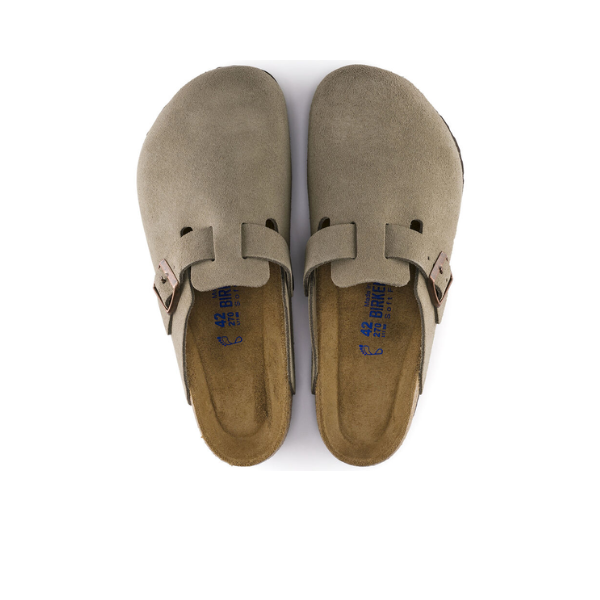 A pair of BIRKENSTOCK Womens Boston Soft Footbed Taupe clogs with open backs and adjustable buckle straps, shown from above on a white background.