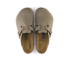 BIRKENSTOCK Mens Boston Soft Footbed Taupe clogs in velvety suede with open backs, buckled straps, and a cushioned footbed on brown cork, shown from above against a white background.
