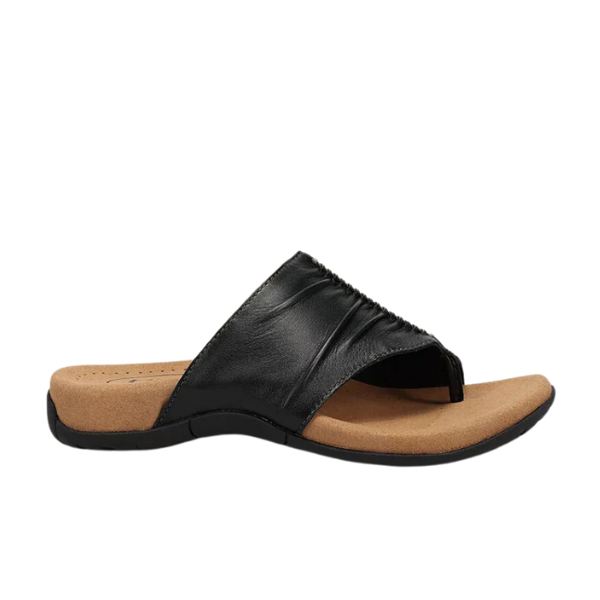 The TAOS Womens Gift 2 Sandal Black is a black leather slide with a toe post, tan cushioned footbed, and black rubber sole, designed for arch support and foot pain relief, shown on a white background.