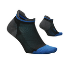 The FEETURES Elite Max Cushion No Show Tab in Black/Blue/Gray features targeted compression for a custom-like fit. Shown are two low-cut athletic socks, one side view and one angled behind.