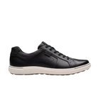 The CLARKS Mens Mapstone Lace Wide Black/White is a black leather casual sneaker with black laces, a white rubber sole, and a comfort footbed for all-day support, shown from the side on a plain white background.