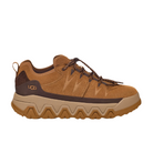 The UGG Mens Captrail Low Chestnut is a brown lace-up sneaker by UGG, featuring a chunky tan Spider Rubber sole with zigzag tread, waterproof suede and leather upper, and a pull tab at the heel.