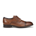 The FLUCHOS Mens Asgard F1885 Brown dress shoe features brown leather, laces, a capped toe, and slight heel for comfort—ideal for men with foot pain; shown in side profile against a white background.