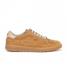 The FLUCHOS Fluchos Mens Leo F1722 Brown is a tan suede mens shoe with beige and orange accents, white laces, and a light brown rubber sole, designed for comfort and shown from the side on a white background.