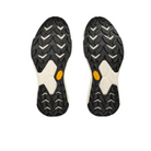 The HOKA Mens Transport Wide Black/White shoes feature rugged, chevron-patterned hiking soles with yellow VIBRAM logo patches, displayed side by side on a white background.