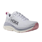 The HOKA Womens Gaviota 5 Wide Grey is a womens running shoe with a light gray upper, thick white and gray wavy sole featuring Stabilizing H-Frame tech, pink outsole and heel tab accents, and a dark gray HOKA logo on the side.