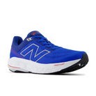 The New Balance Mens Fresh Foam 860v14 Blue features a white sole, black outsole, silver N logo, mesh upper, red accents, FRESH FOAM on the midsole, and Stability Plane technology for support.