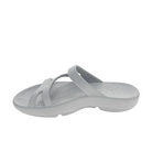 The SOVELLA Sovella Womens PF Slide Light Grey is a light gray slip-on sandal with a textured footbed, single toe loop strap, and arch support for all-day comfort, shown from the side on a white background.