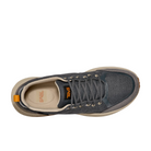 A top view of the Teva Mens Ellwood Dark Grey sneaker shows gray with beige accents, beige sole, orange Teva branding on insole and tongue, gray laces, heel pull tab, made with recycled materials and anti-odor treatment.