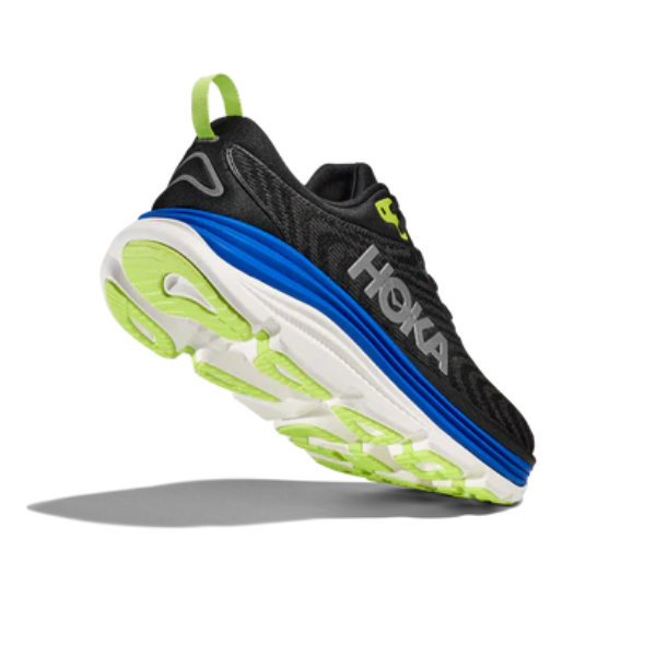 The HOKA Mens Gaviota 5 Medium in Black/Blue is shown angled to display its stabilizing H-Frame, blue midsole, white sole, neon green accents, and bold branding on a clean white background.