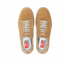 A pair of FLUCHOS Mens Leo F1722 Brown suede shoes with white laces, viewed from above. Insoles display the FLUCHOS logo in red and white; shoes feature stitched details and toe perforations for comfort.